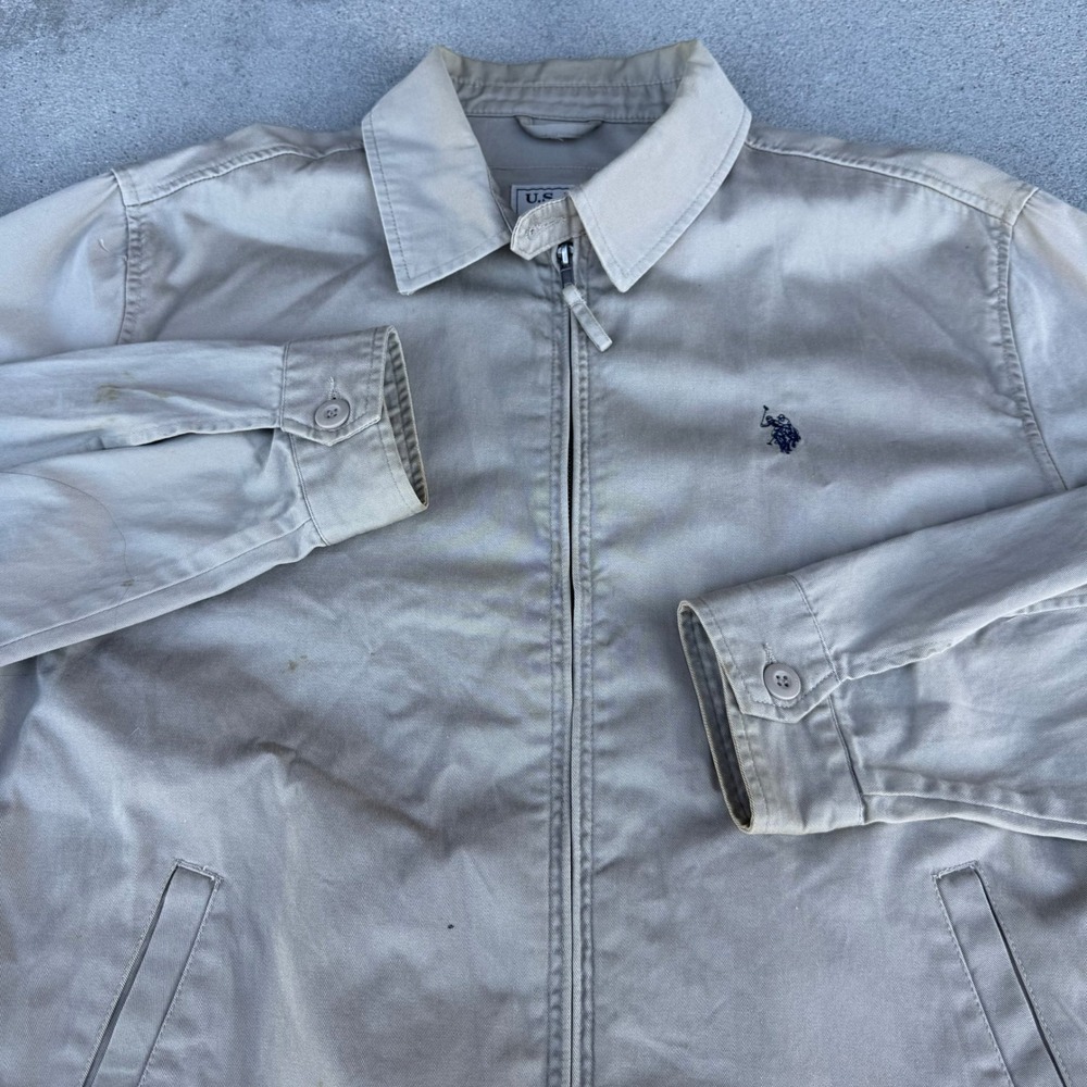 US Polo Assn Men Tan Khaki Harrington Jacket Full Zip Cotton Twill Large